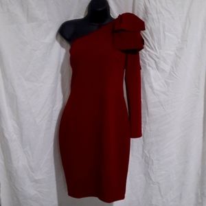 Wine Color with Floppy One Shoulder Bow - Long Sleeve - Evening Dress  - Size M